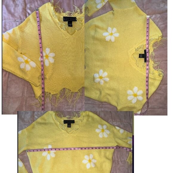 Cropped Daisy Floral Print V Neck Long Sleeve Personality Sweater Ribbed Trim - Picture 15 of 15